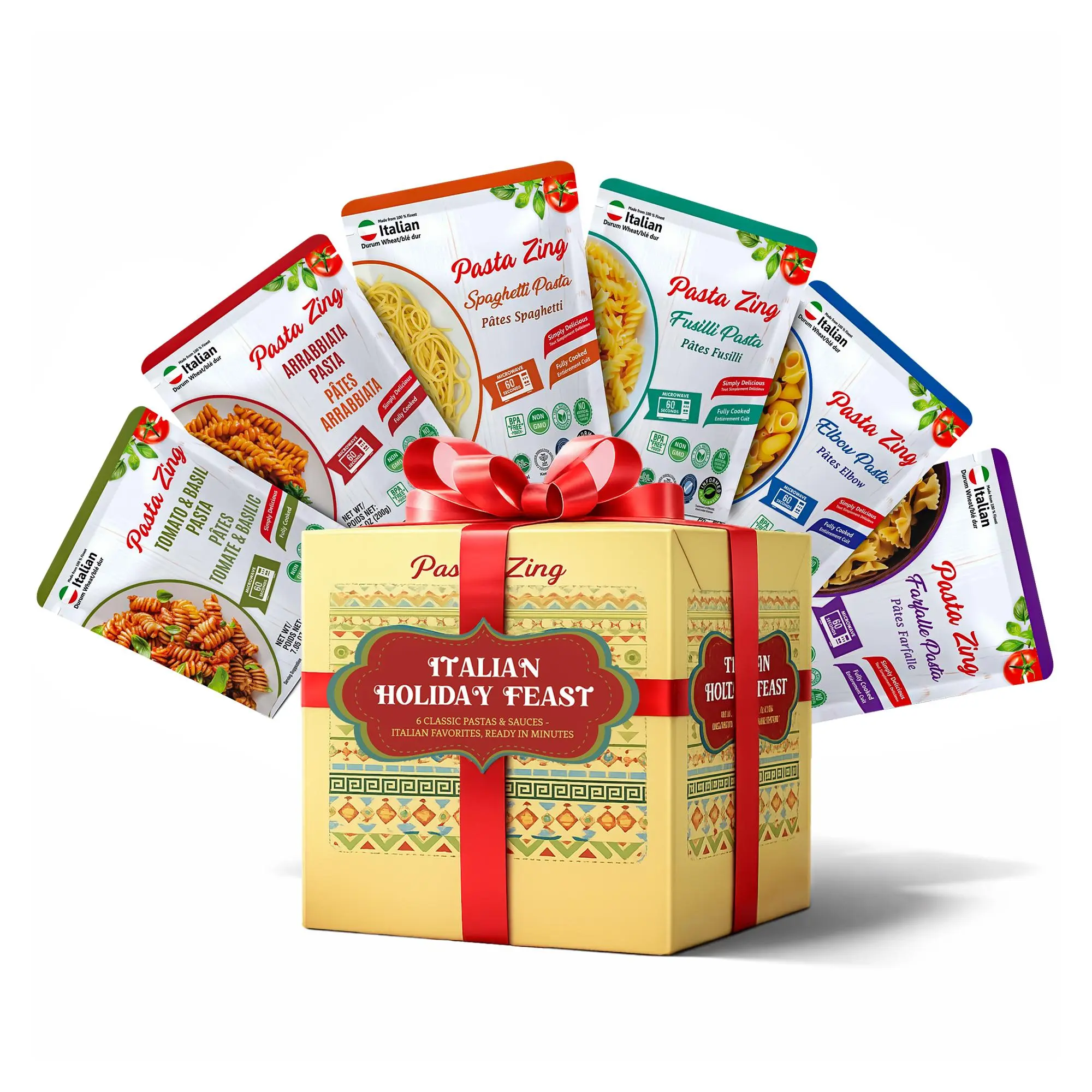 Pasta Zing Italian Holiday Feast Gift Box, Premium Ready Pasta Variety Pack | Limited Edition Holiday Gift | 100% Durum Wheat | Al Dente Bite | Pack of 6