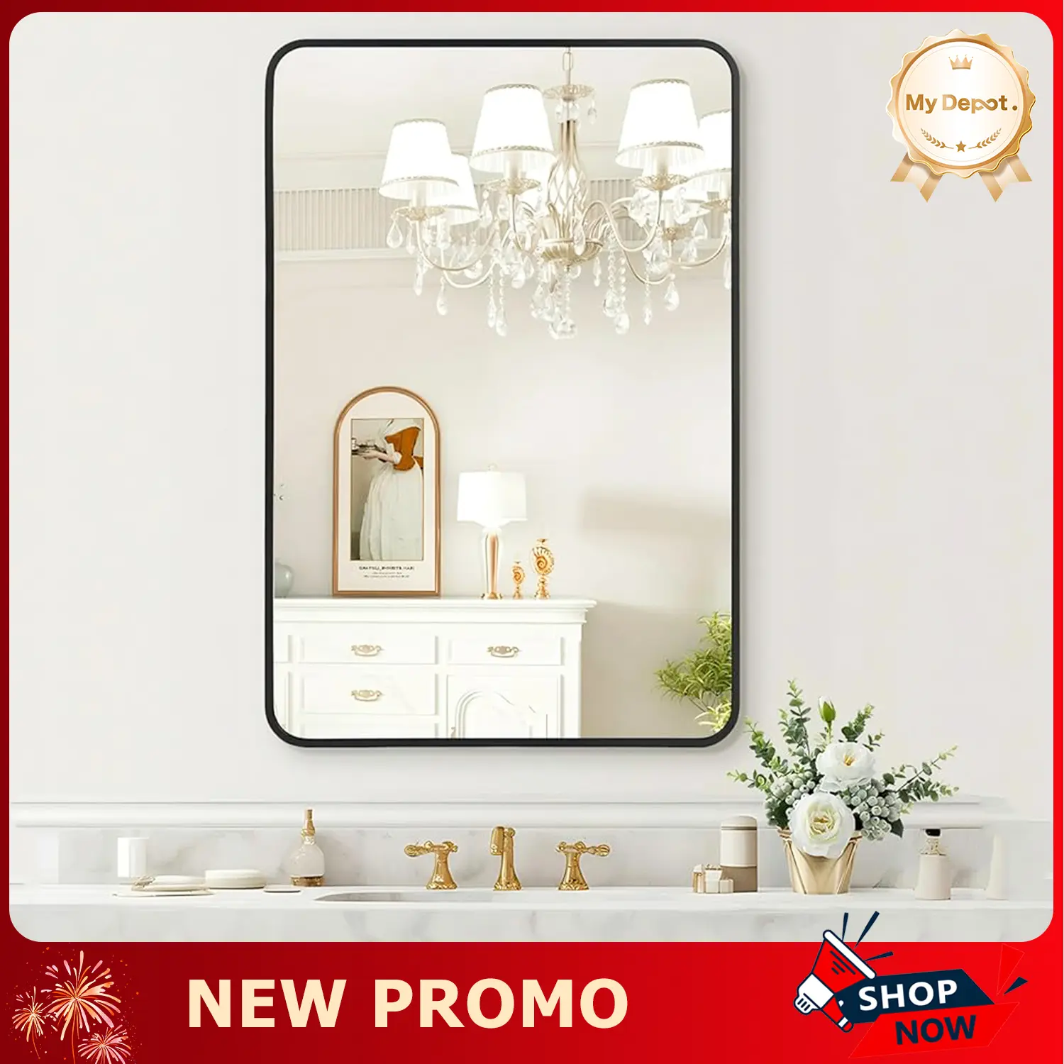 [Deal] Rounded Rectangle Aluminum Wall-Mounted Bathroom Vanity Mirror, Modern Farmhouse Metal Frame Glass Mirror, for Vanities Over Sink, Indoor Use in Living Rooms