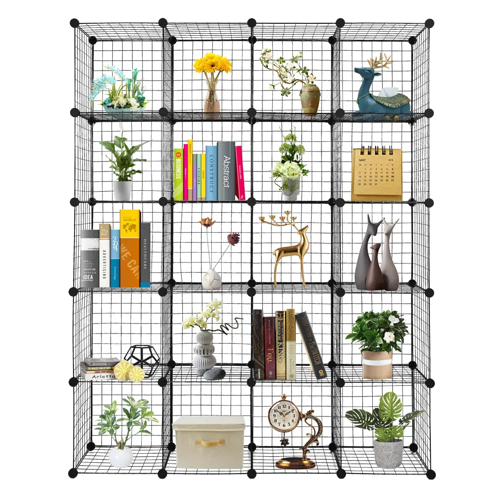 20-Cube DIY Modular Steel Shelf Organiser, Metal Grid Iron Mesh Racks with ABS Plastic Cubbies, Manual Installation Home Shelving Unit (47x14x70)"/(148x36x178)cm, ((13.8X13.8x13.8)/ (35X35x35)Cm for Household Book Storage