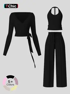Women's Quick-Dry Backless Sports Bra, High-Waist Pants and Long-Sleeve Tee, Casual Running Fitness Outfit, Comfortable Gym Wear Sports Activewear Set, Solid Sports Sets