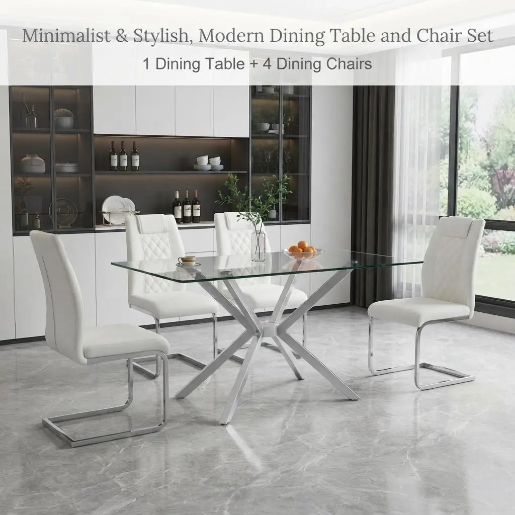5-Piece Dining Set with Rectangular Clear Tempered Glass Table & 4 PU Leather Chairs, Space-Saving Modern Kitchen Set with Sturdy Silver Legs for Dining Room, Apartment, Small Spaces, White & Silver