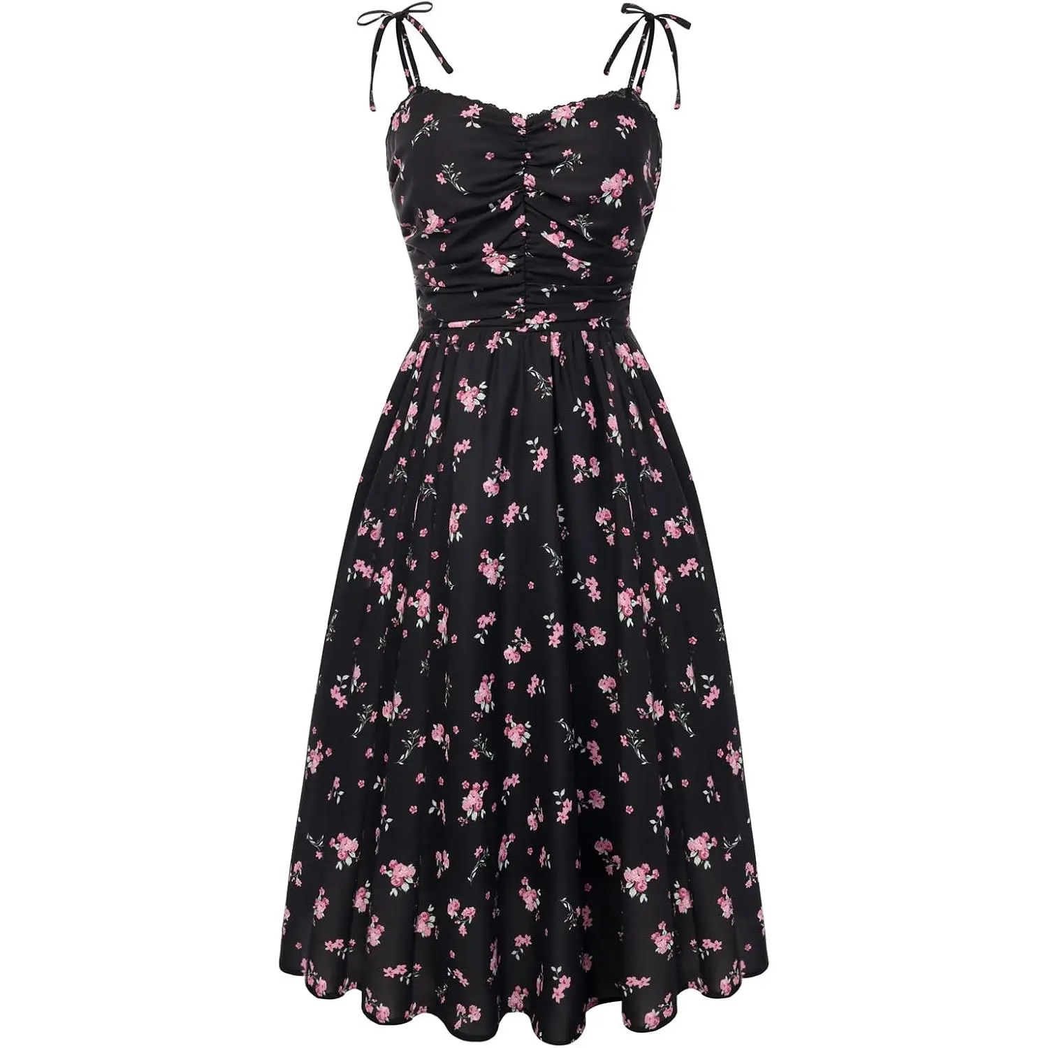 Floral Dress Flowy Ruched Sun Dress | Vintage, Sweetheart neckline, Pockets, Casual Midi Summer Boho Dress for graduation, winery, easter, tea party, garden