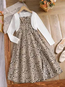 Toddler Girl's Leopard Print Sweater Two-Piece Set, Casual Long Sleeve Open Front Outerwear & Dress, Kids Spring & Fall Clothes, Baby Girl Clothes, Toddler Outfit