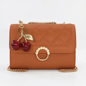 Small Size Women's Crossbody Bag with Elegant Quilted Stitch Design, Sparkling Cherry Charm with Glossy Finish & Leaf Accent, Perfect Gift for Valentine's Day, Birthday, Femal Friends