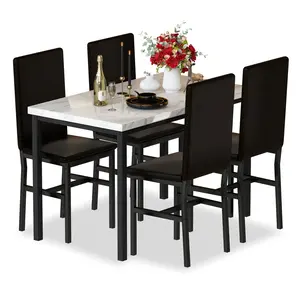 LinkRomat Faux Marble Top Dining Table Set for 4, Space-Saving 5 Pieces Kitchen Table and Chairs of 4, Metal Frame Furniture Kitchen Table Set with 4 PU Leather Chairs for Dining Room, Kitchen, Apartment