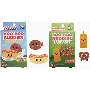 2-Pack Boo Boo Buddies™ Drumstick + Hot Dog and Pretzel + Mustard Bandages | 48 Ct  | Food-Themed Adhesive Bandages for Kids | Waterproof, Latex-Free, Sensitive Skin Safe | Fun First Aid for Cuts & Scrap