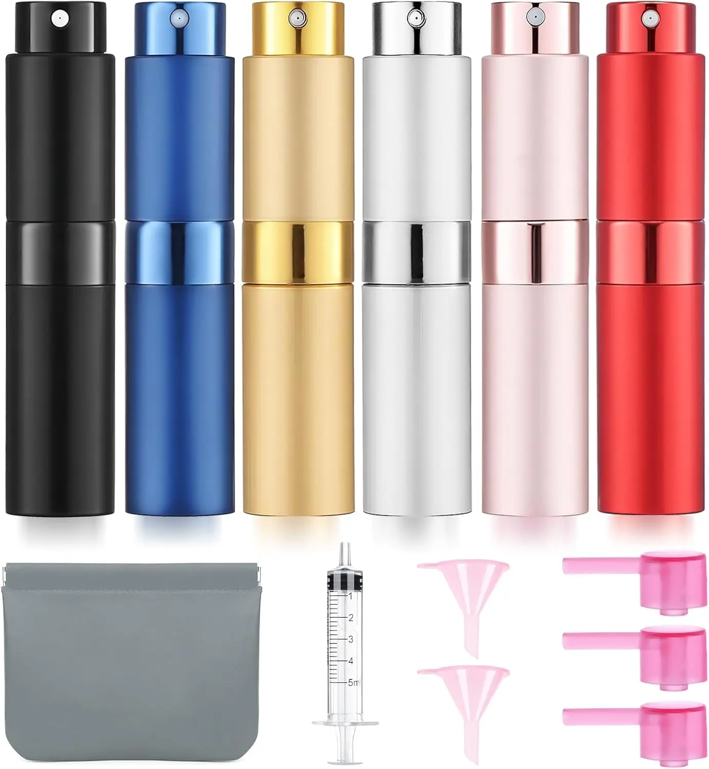 Aluminium-Glass Cylindrical Perfume Atomizers, 6pcs 8ML Durable Leak-Proof Twist-Open Portable Refillable Spray Bottles (0.9*3.8 in) - Makeup Organizer Pouch-Compatible for Travel, Dating & Perfume Refills, Ideal Customizable Gifts for Adults