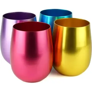 Aluminum Stemless Wine Old Fashion Glass Set of 4 4-Color Purple Blue Pink Gold 21oz 16oz Small Cups