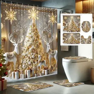 1/4pc Cute Golden Deer, Gift Tree and Snowflake Pattern WebP Shower Curtain Set, Holiday Design, Non-Slip Mat, U-Shaped Rug, Toilet Seat Cover, Perfect for Bathroom Decor, Beautifies the Space, Includes 12 Shower Curtain Hooks