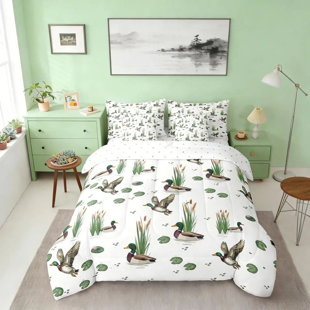 Feelyou 7-Piece Queen Size Cute Blanket Bedding Set - Queen Comforter, Rustic Farmhouse Woodland Lake Animal Design, Hunting Themed for Kids, Ideal for Halloween, Thanksgiving, Valentine's Day