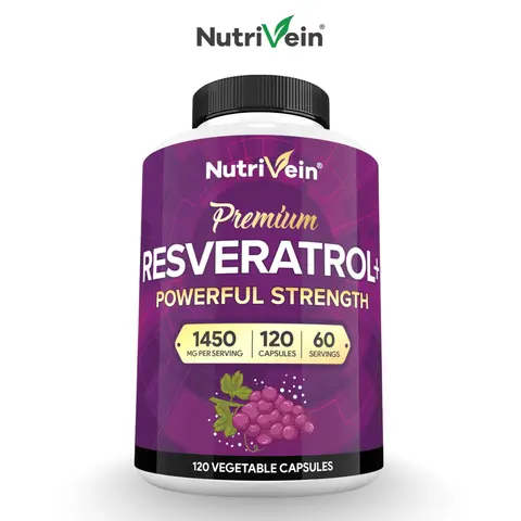 Nutrivein, Resveratrol Capsules, Natural Dietary Supplement, Antioxidant Formula for Healthy Aging & Immune Support, Fitness & Healthcare Support, 1450mg, 120 Capsules, 2 Capsules Daily
