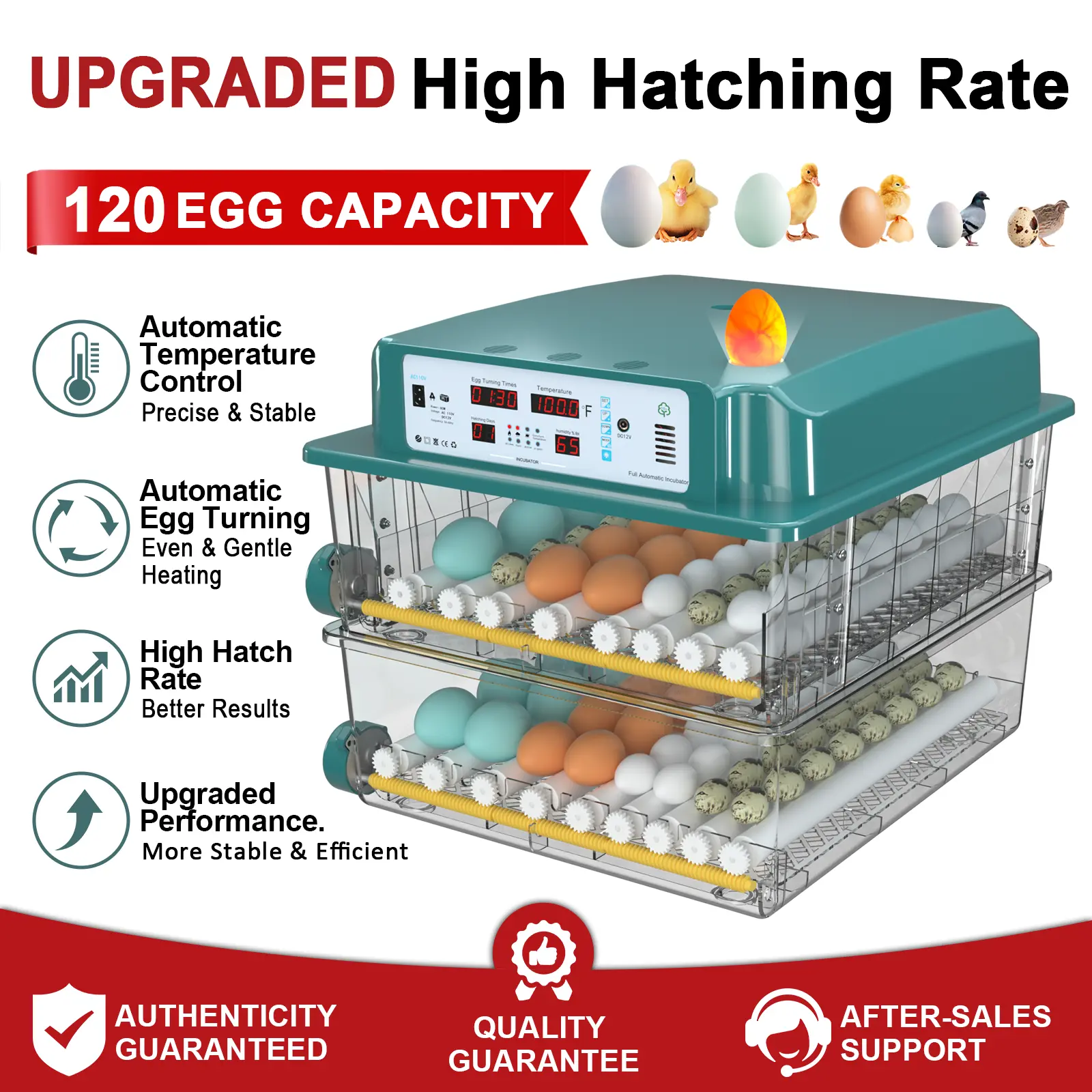 Upgraded 120-Egg Incubator for Poultry, High Hatching Rate Guarantee, Fully Automatic Egg Turner, Precise Temperature Control
