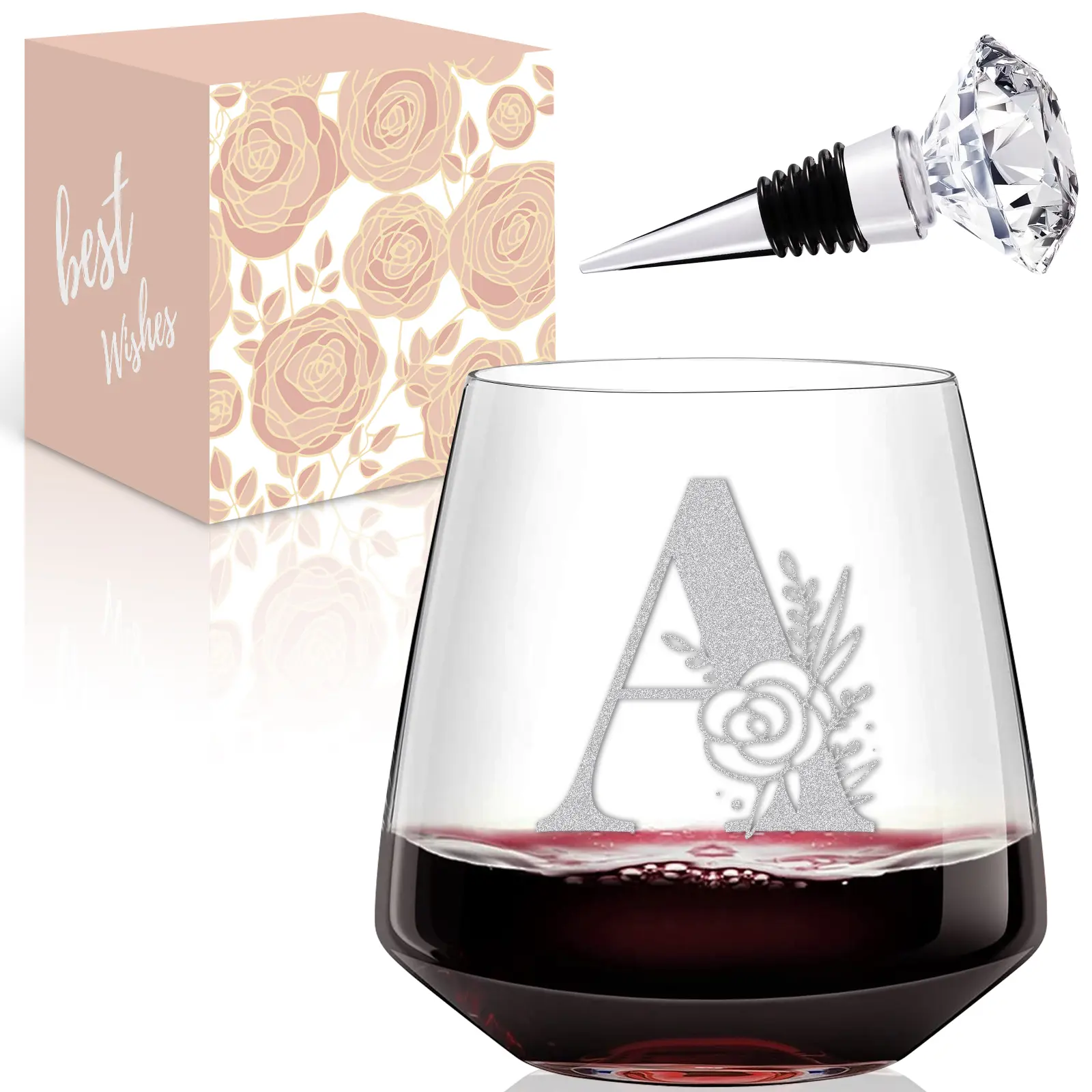 Physkoa Initial A Wine Glass Stemless - Monogrammed Wine Glasses for Women - Birthday/Christmas Gifts - Drinkware