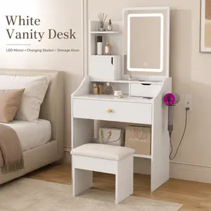 White Makeup Vanity Desk with 3-Color LED Mirror, Stool, 2 Drawers, 4 Open Shelves & 1 Hidden Cabinet, Adjustable Lighting Dressing Table for Bedroom