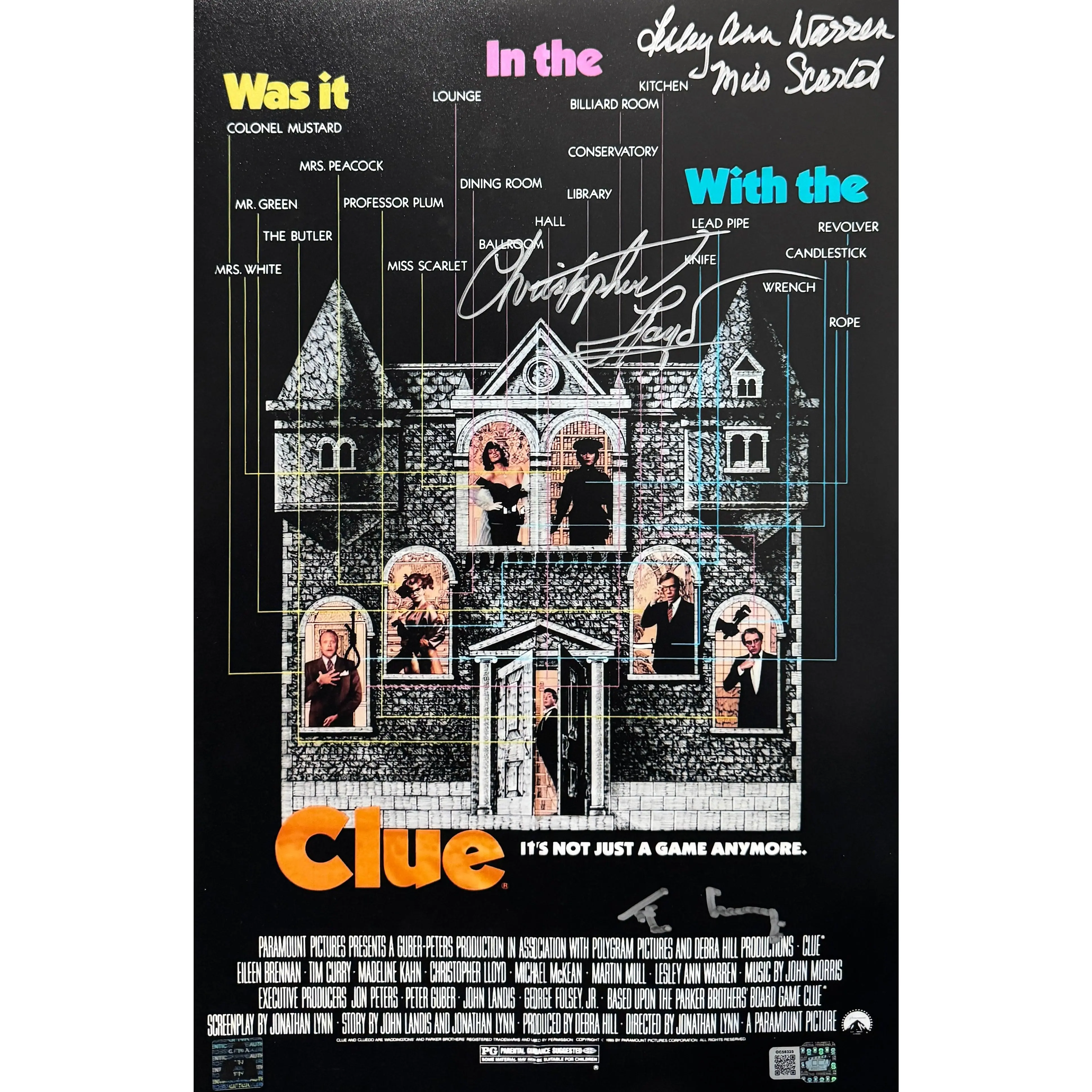 Tim Curry, Lesley Ann Warren & Christopher Lloyd signed 11x17 Clue movie poster photo