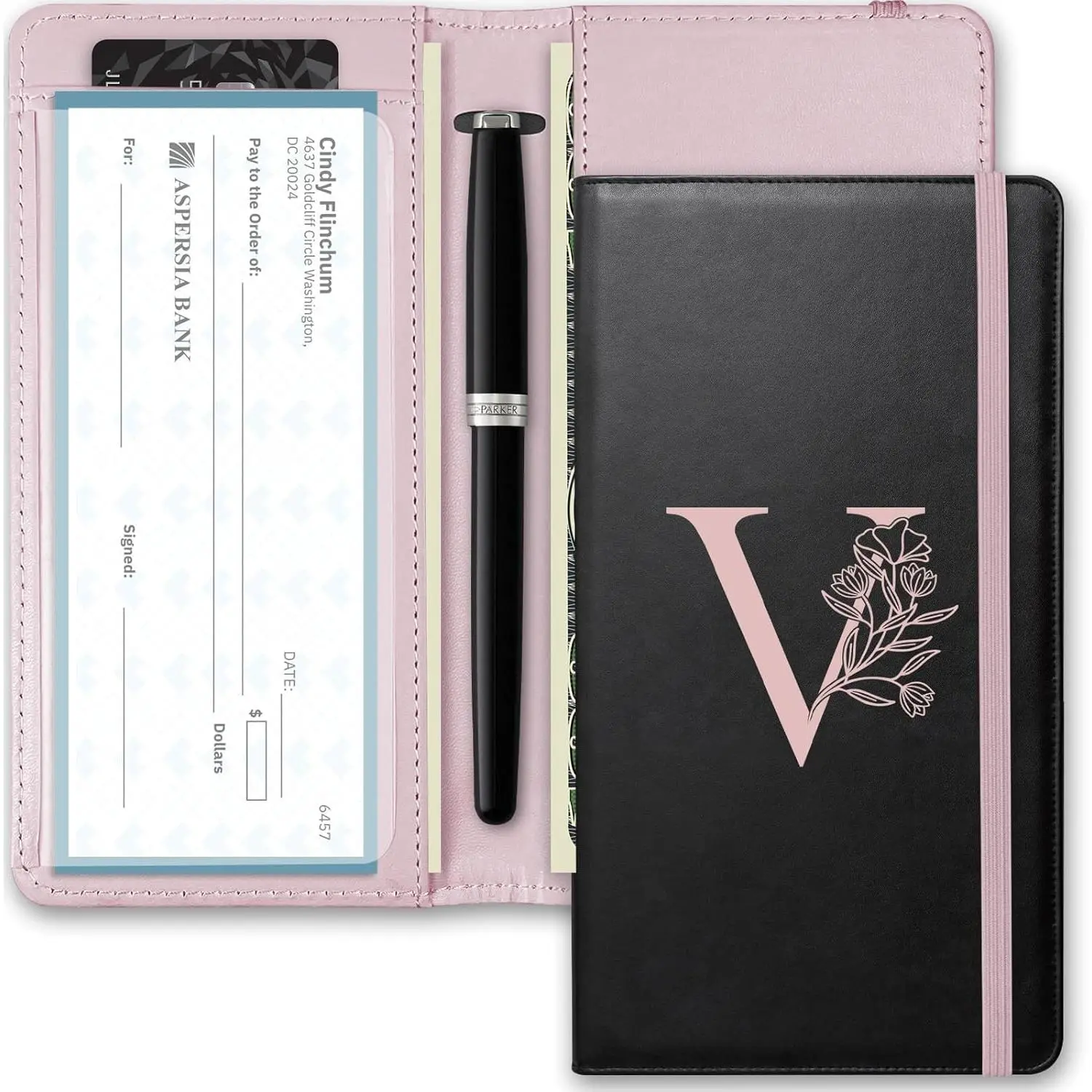 Letter Checkbook Cover, RFID Blocking Checkbook, Duplicate Checks with Pen Holder, Cards Slots, Multi-Functional Checkbook Holder for Personal and Business Checks