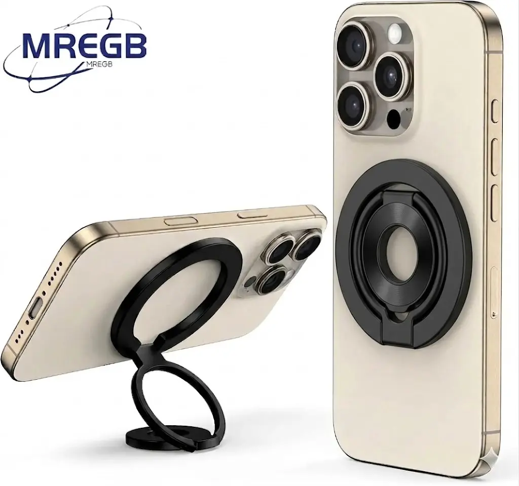 MREGB MagSafe Magnetic Ring Holder Cellphone Stand - N52 Strong Magnet, 360° Adjustable Dual-Axis, 3-Fold Metal Socket, Phone Accessories for iPhone 15/14/13/12 Pro Max, Samsung Smartphones, Mobile Magnetic Mount