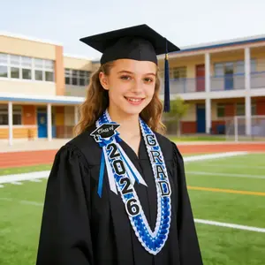 Class of 2026 Graduation Ribbon Lei Premium Blue Gold Hand Woven Braided Lei With Grad Letter Cap Charm Tassel Elegant Graduation Money Lei Gift For High School College Graduates