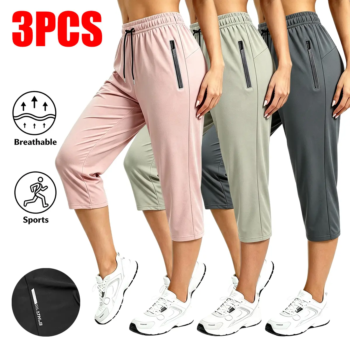 3-pack European and American-style yoga athletic capri pants for summer—lightweight, breathable, elastic waistband, casual straight-leg design; vacation-inspired, laid-back style; fashionable and distinctive.