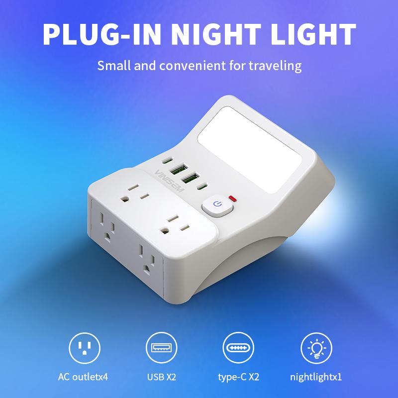night light wall socket, 4 AC sockets with overload protection, maximum power of 1250W, 10A, 2 USB 2 Type-C, suitable for home, office, travel and computer.