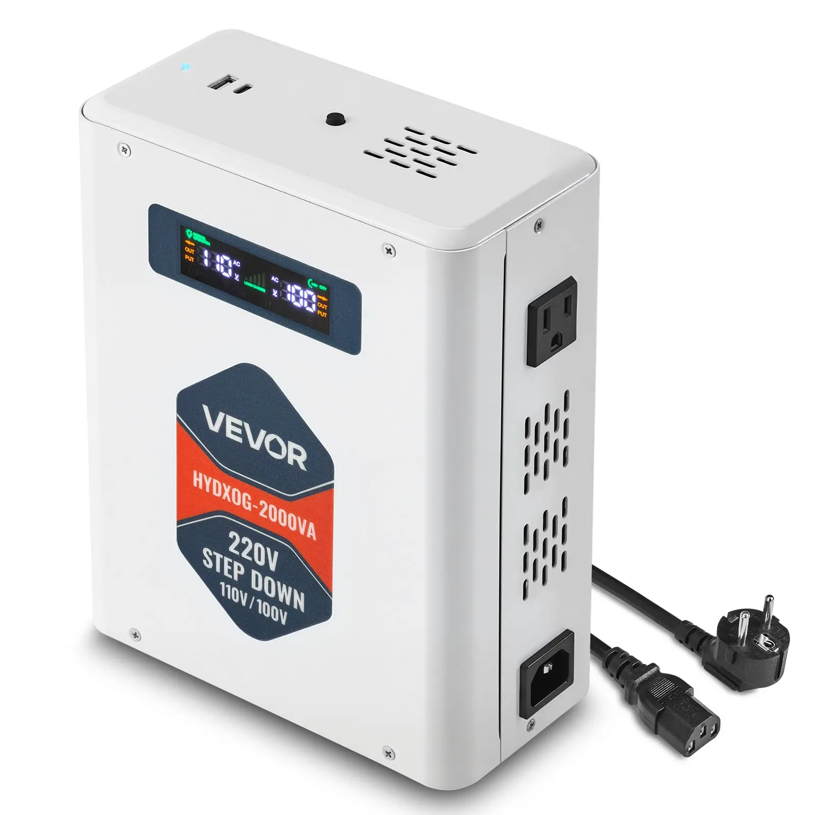 VEVOR Step Down Voltage Converter, 2000VA, Heavy Duty Voltage Power Converter, 220V to 110V Power Transformer, with 2 US Outlets, USB Output, LCD Display, Temperature Protection, for 110V Appliances