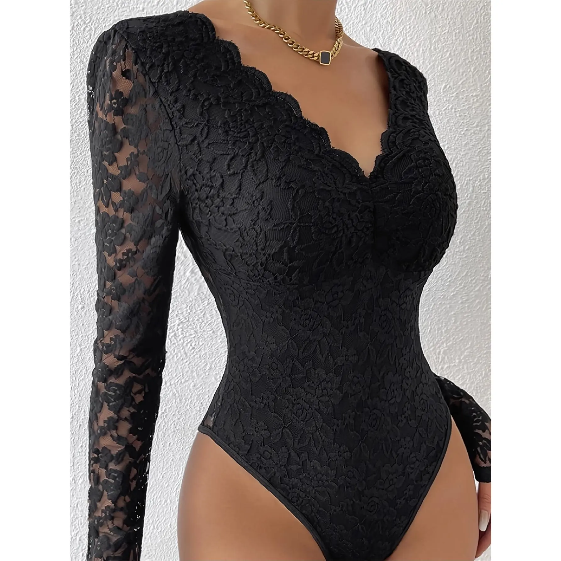 Women's Sheer Lace Long Sleeve Bodysuit Top, Minimalist Slimming Tight-Fit Basic for Everyday Wear, Body Contouring, None