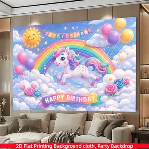 Rainbow Unicorn Birthday Theme Party Background Banner, made of polyester material, suitable for living rooms, bedrooms, offices, birthdays, anniversaries, home decor, outdoor and indoor parties, photography background fabric, birthday party supplies