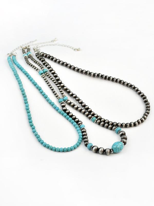 3pcs Vintage CCB Antique Lacquer Plated Beads Necklaces for Women, Synthetic Turquoise Jewelry Set, Elegant Western Style Modern Versatile Accessories