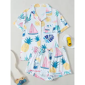Summer Vacation Style Pineapple & Lemon Print Short Sleeve & Short Pants Pajama Set, Lapel Cardigan Contrast Trim Loungewear, Sailboat & Cocktail Pattern Casual 2-Piece Homewear for Daily & Outdoor Wear