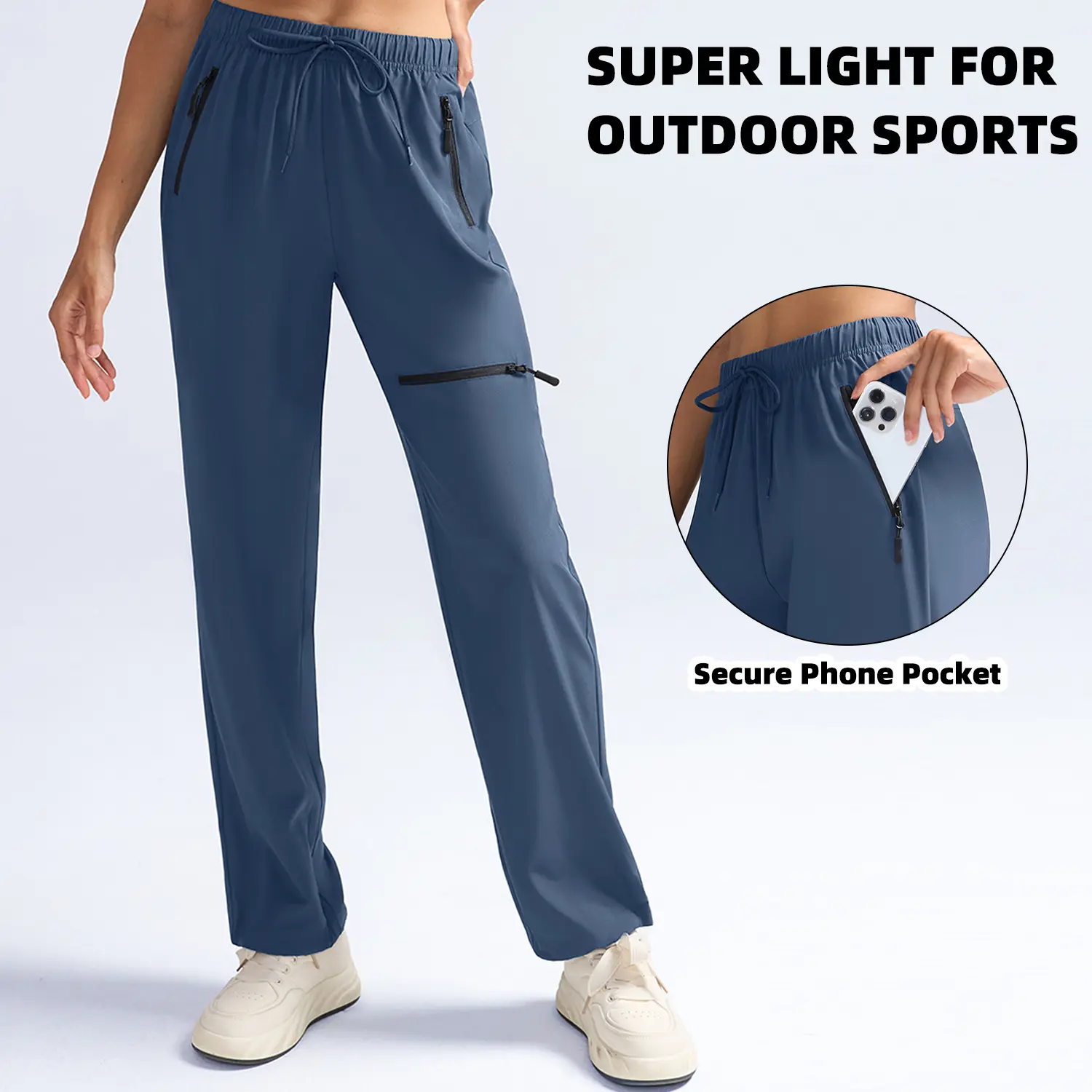 Women Lightweight Quick Dry Athletic Joggers Elastic Waist Drawstring Zip Pocket Outdoor Hiking Travel Workout Sweatpants Adjustable Ankle Pants Trouser