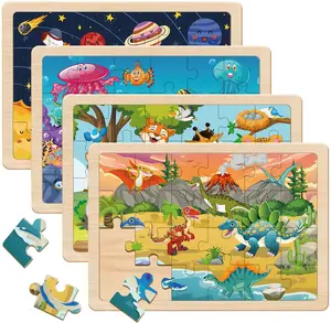 Educational Wooden Jigsaw Puzzles for Kids Ages 4-6 4 Packs 24 Piece Dinosaur Animals Undersea Space Themes Safe Durable Toys Gifts for Toddlers Preschoolers