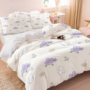 Cute Bunny Print Duvet Cover Set,Purple Floral Bedding Set,Flower Printed Bedding,Includes 1 Duvet Cover & 1-2 Coreless Pillowcases,Whimsical Floral Bunny Bedding Set,Ideal for Kids' & Teens' Bedroom Decor,Perfect for a Cozy & Dreamy Sleep Space