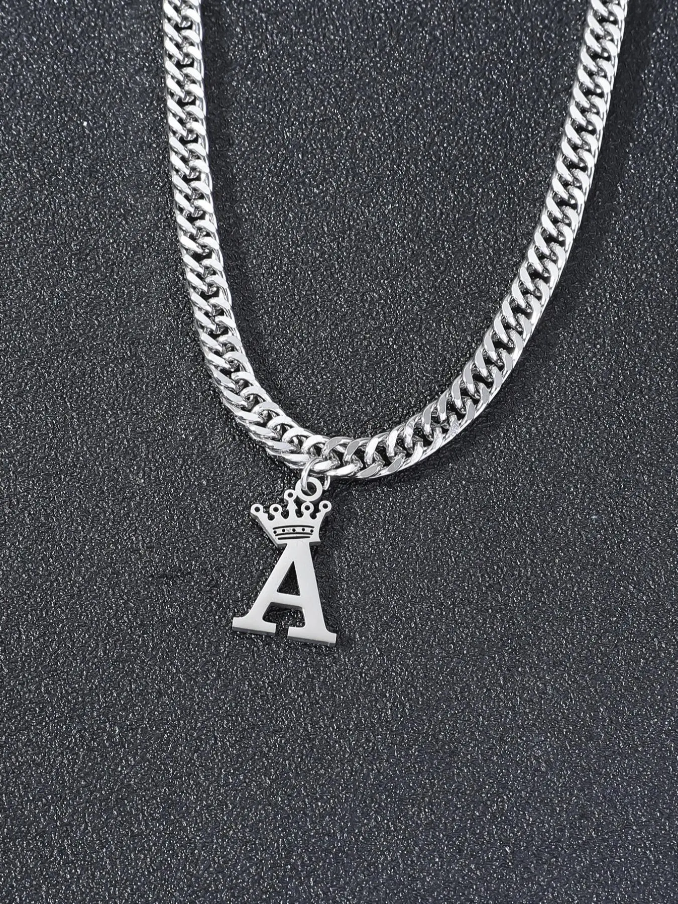 Unisex Street Style Crown Letter Pendant Necklace, Chain Necklaces, Punk Style Chunky Solid Cuban Link Chain Stainless Steel Alphabet Necklace, Fashionable Unique Design Jewelry for Party & Daily Clothing Decoration, National Day Offers