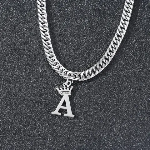 Unisex Street Style Crown Letter Pendant Necklace, Chain Necklaces, Punk Style Chunky Solid Cuban Link Chain Stainless Steel Alphabet Necklace, Fashionable Unique Design Jewelry for Party & Daily Clothing Decoration, National Day Offers