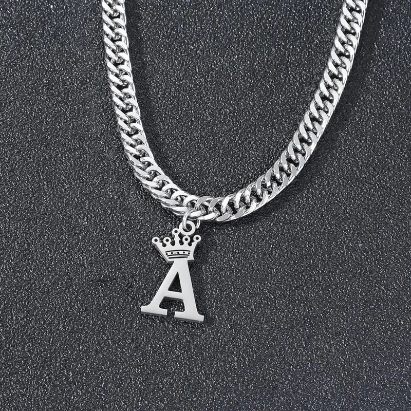 Unisex Street Style Crown Letter Pendant Necklace, Chain Necklaces, Punk Style Chunky Solid Cuban Link Chain Stainless Steel Alphabet Necklace, Fashionable Unique Design Jewelry for Party & Daily Clothing Decoration, National Day Offers