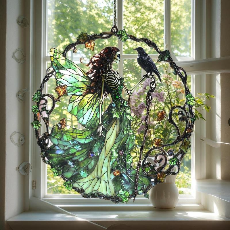 Gothic Skeleton Fairy Acrylic Suncatcher Green Raven Witch Faux Stained Glass Halloween Gift for Witchy Decor & Dark Academia Style