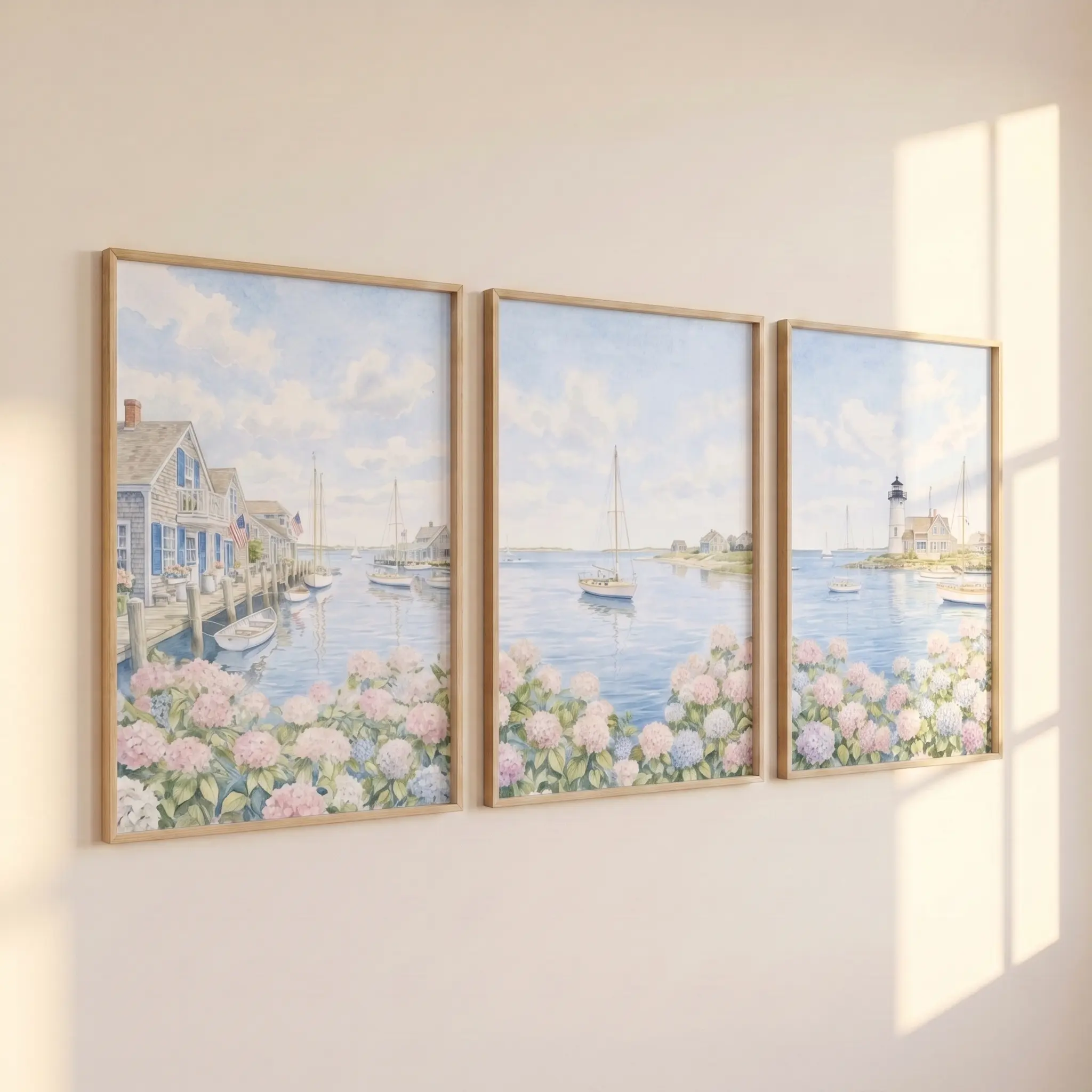 Set of 3 Pastel Coastal Watercolor Wall Art Poster, Nantucket Hydrangea Landscape Print, Sailboat Beach Decor, Unframed Living Room Art