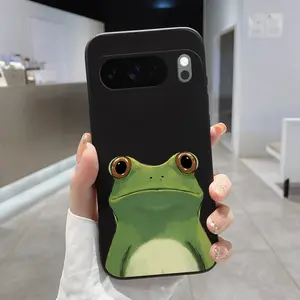 Rounded Edge Phone Case for Google Pixel 10 9 8 7 Pro A XL Green Frog Gaze Pattern Pocket-Friendly Shockproof Liquid Silicone Protective Soft Smartphone Casing
