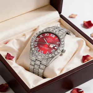 moissanite watch Classic Luxury Diamond Men's Watch Men's Luxury Silver-Cased Full-Dia moissanite watch  mond Round Dial Quartz Watch with Retro Red Dial Roman Numeral Markers Perfect for Parties & Daily Wear  watch