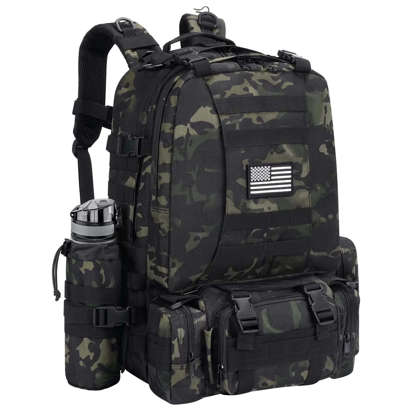 【Holiday Haul Deal】Men's 60L Polyester Tactical Backpack, Sturdy Secure All-Seasons 3-Day Detachable Rucksack with Bottle Holder, Waterproof Bookbag, Molle System, Hydration-Compatible, Outdoor House-Moving Bag