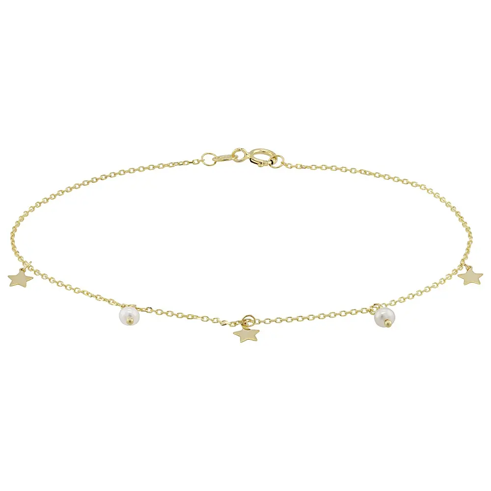JTV 14k Yellow Gold Dangling Stars And Cultured Freshwater Pearls Anklet