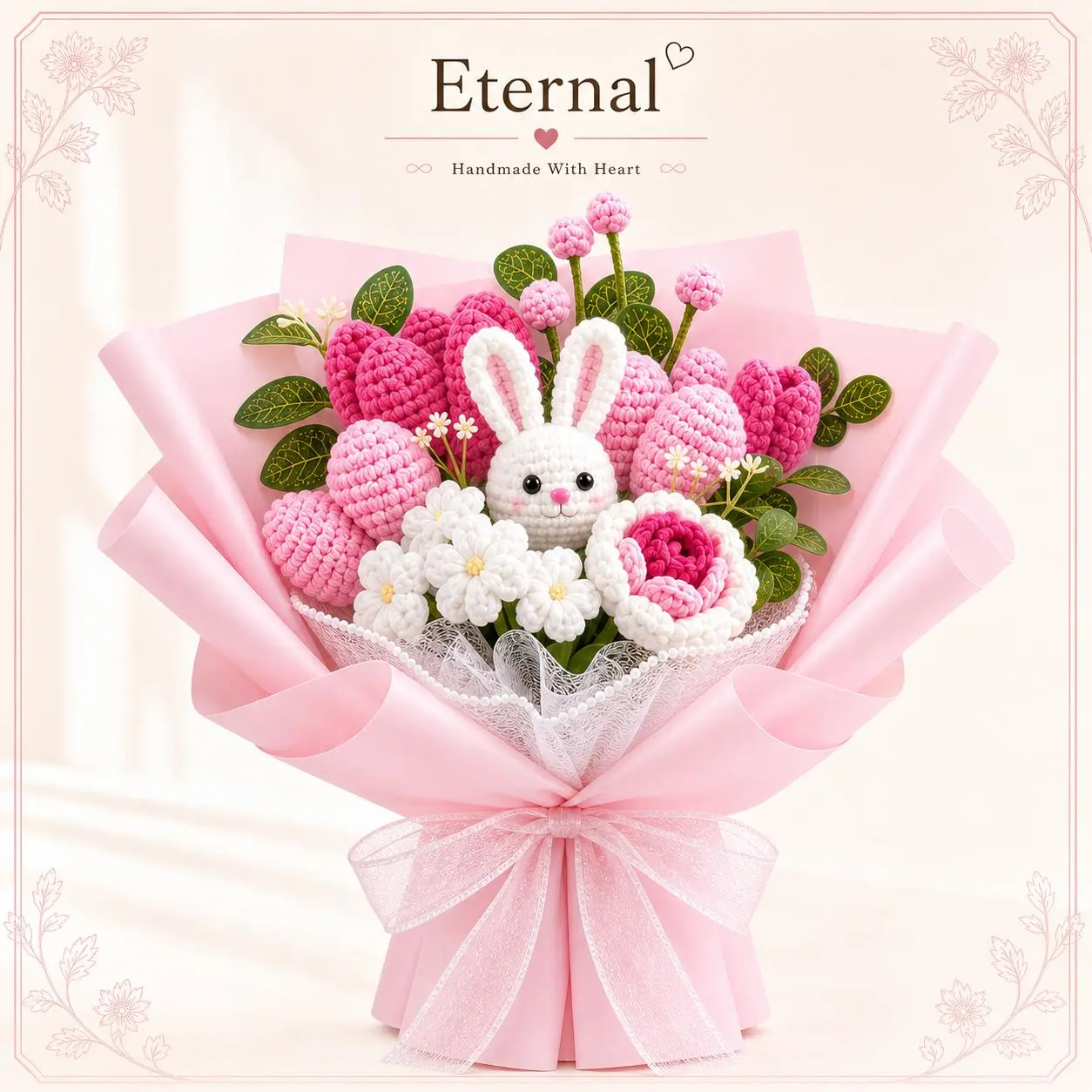 "Eternal (Little Bunny) Crochet Bouquet" — a handmade gift perfect for mothers, friends, girlfriends, or wives; this charming floral keepsake is ideal for birthdays, anniversaries, Mother's Day, graduations, expressing gratitude, or romantic moments.