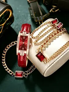 Luxury Vintage Square Watch, Rose with Diamonds, PU Leather Strap, Elegant Style, Complete Exquisite Watch Set with Matching Jewelry