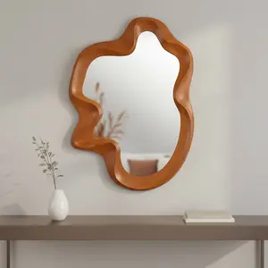 360 stand 35 in. Brown Solid Wooden Accent Mirror - Abstract Geometric Framed, Irregular Organic Shape, Modern Home Decor, Wall Mount Installation, Glass, Wall Mounted Mirror, Decorative Wall-Mounted Mirrors