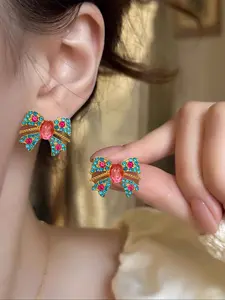 Elegant French Baroque Bow Stud Earrings, Colorful Resin Inlay Design, Vintage Style Fashion Jewelry for Women, Perfect for Parties