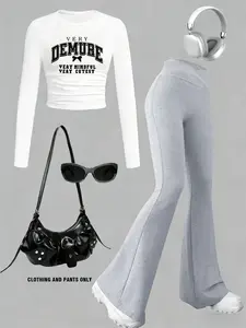 Y2K Casual Fashion Killer: Short 'Very Modest' Printed Fitted Long Sleeve with Loose Flared Pants 🔥 Comfortable and Cute! 2026 Trendy Outfit ✨ #Y2KFashion #CasualAthleisure #LooseFlaredPants