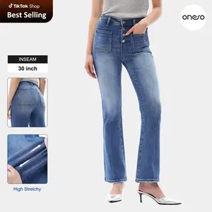 ONESO Women's High Waisted Bootcut Denim Jeans Patch Front Pockets Design Buttons Fly Bottom Pants