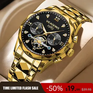VEADONS Golden Samurai Luxury Gold-Plated Men's Watch with Diamond-Inlaid Mechanical-Style Dial - Business Light Luxury High-End Fashion Wristwatch with an Elegant Gift Box Included
