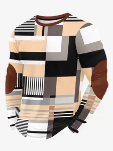 Men's 3D Striped Printed Fitted Round Neck Long Sleeve T-Shirt, Comfortable Versatile Casual Top, Streetwear for All Seasons Short