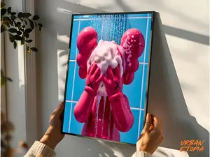 Funky Pink Kaws in Shower Hypbeast Poster - Printable Art for Shower Wall, No Frame